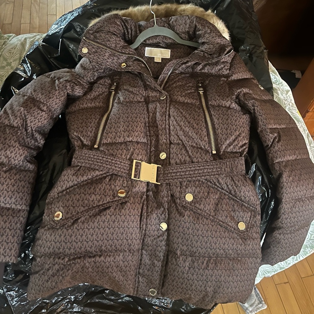 MICHAEL Michael Kors Brown Puffer Jacket with Fur Hood